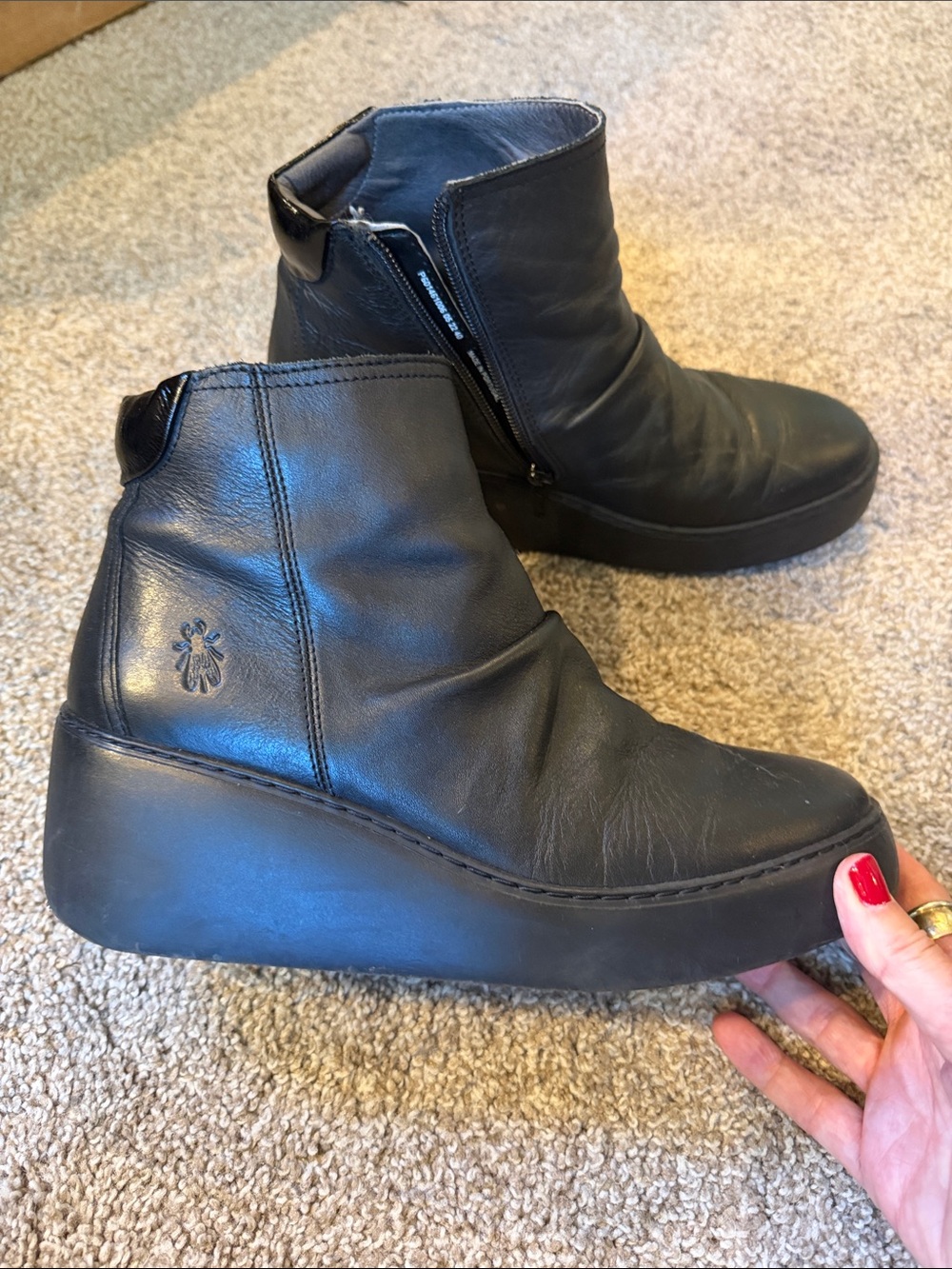 Fly London Black Leather Platform Wedge Ankle Boots